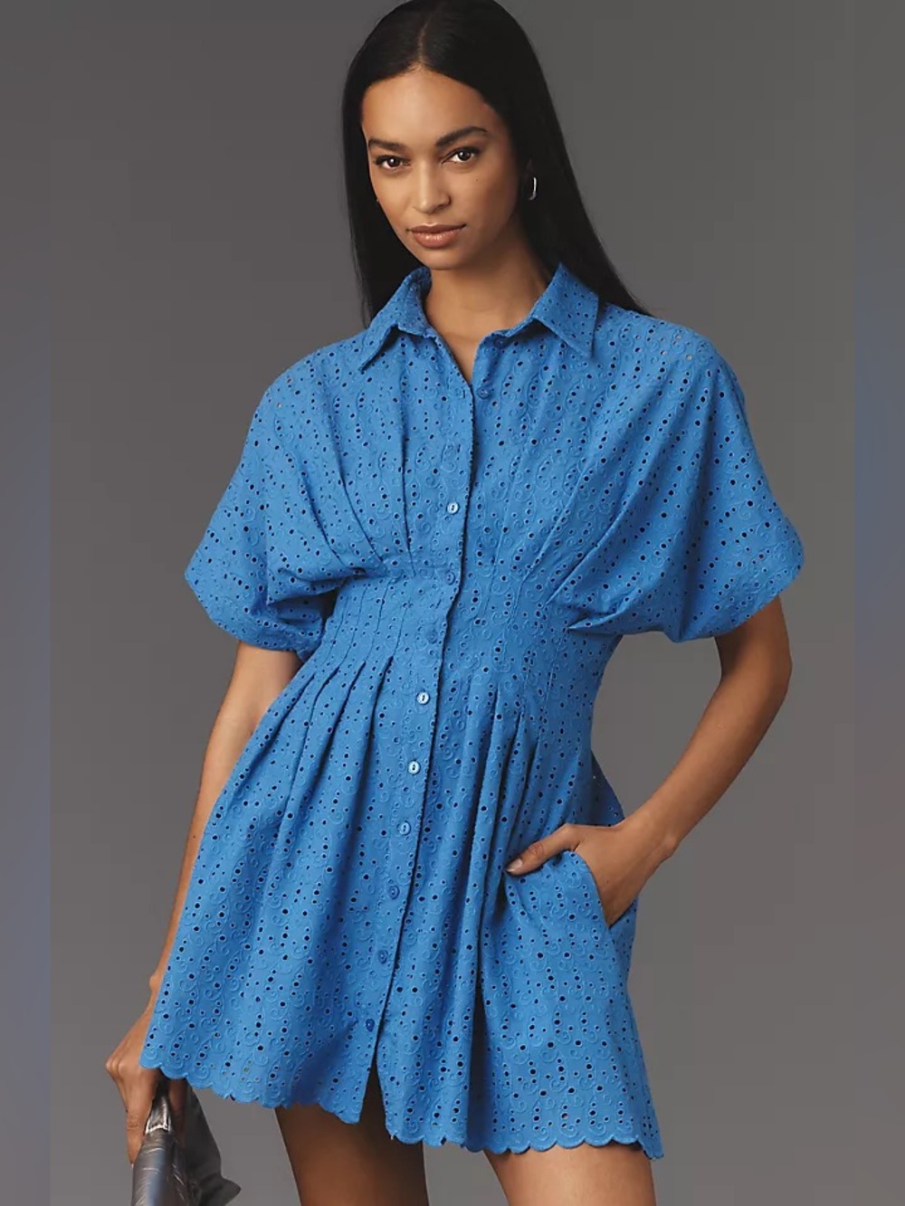 Anthropologie Exquise Tobie Eyelet Mini Shirt Dress Blue XXS NWT E25Y05218055